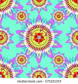 seamless pattern  passion flower Blue tropical fruit on blue . vector illustration