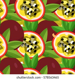 seamless pattern passion flower tropical fruit maracuya on yellow vector illustration