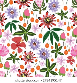 Seamless Pattern with Passion Flowers, Hibiscus and Tropical Fruits. Bright and playful seamless pattern featuring hand-drawn passion flowers, red hibiscus blooms, pink protea buds, orange berries and lush green tropical leaves on a clean white background. The cheerful, colorful design is perfect for summer and spring projects. Ideal for use on fabric, textile, apparel, dresses, kids clothing, swimwear, kitchen wear, aprons, tea towels, stationery, gift wrap, scrapbooking paper, phone cases, wallpaper, home decor, cushions, bedding, tote bags and packaging. The vibrant floral repeat works well for fashion, lifestyle, and home textile industries looking for fresh botanical prints.