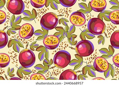 Patrón sin fisuras con maracuyá y hojas sobre fondo beige. Frutos de la pasión enteros y mitades de frutas. Frutas tropicales exóticas. Dibujado a mano, estilo de dibujos animados. Ilustración vectorial.