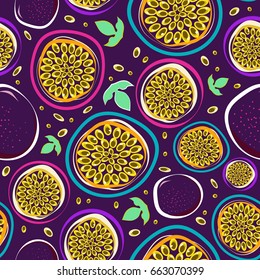 Seamless Pattern Passion Fruit On 
Purple Background. Vector Illustration