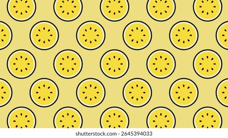 Seamless pattern of passion fruit slices on yellow. Tropical, exotic, and fresh fruit vector design. sstkbackgrounds