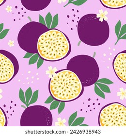 Patrón sin fisuras de fruta de la pasión entera y rebanada en el fondo de color. Ilustración vectorial.