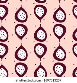 Seamless pattern with passion fruits - cut with seeds. Tropical fruit in modern simple design. 
