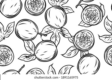 Seamless pattern of passion fruits, vector, monochrome