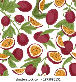 Seamless pattern with passionfruits and leaves on white background. Repeatable texture with realistic pieces of passion fruits and leaf. Hand-drawn colored vector printable illustration in retro style