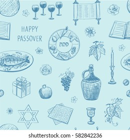 A seamless pattern of Passover. Vector sketches on a blue background. 