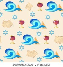 Seamless pattern. Passover.Pesach.Egyptian pyramids, sea wave, Jewish matzah, glass of wine, Star of David.