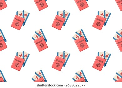 Seamless pattern with passport in colourful cover and airplane tickets. Cartoon vector on white background