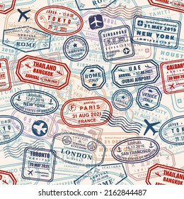 Seamless pattern passport stamps. Cool travel passport stamps vector texture. Seamless fashion print.