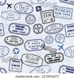 Seamless pattern passport stamps. Cool travel passport stamps vector texture. Seamless fashion print.