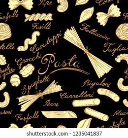 Seamless pattern with pasta drawn by hand with lettering in retro style.
name pasta, various pasta. Vector illustration, design element.