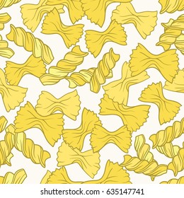 Seamless pattern with pasta, hand drawn icons set. Colorful illustration with food. Decorative wallpaper, good for printing