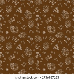 Seamless pattern with pasta. Line art. Stock illustration. Design for wallpaper, fabric, textile, packaging, cafe, restaurant.