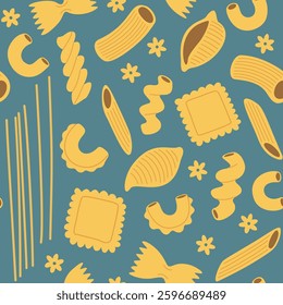 Seamless pattern with pasta and macaroni, various shapes and types. Hand-drawn vector illustration in cute trendy style.