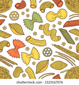 Seamless pattern with pasta on white background. Spaghetti in doodle style.Food texture