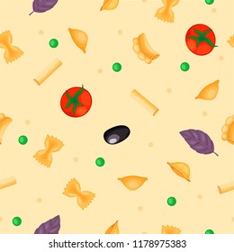 Seamless pattern of pasta and vegetables on a yellow background.