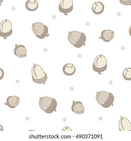 Seamless  pattern with pastel acorns and stars. Vector background.