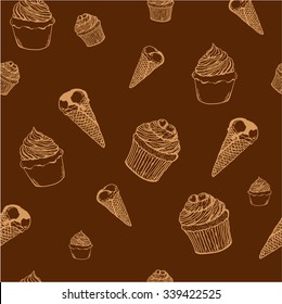 Seamless pattern with pastel beige cartoon ice cream cones and cupcakes on dark brown background. Hand drawn vector illustration.