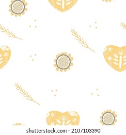 Seamless pattern pastel beige, with a decorative abstract heart in the Scandinavian style hygge, hugge, with elements of nature, leafes, flowers, 