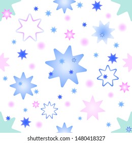 seamless pattern with pastel blue stars of different shades and sizes on a white background for holiday, christmas, birthday, wrapping paper, fabric, print, for cards, design, wallpaper.