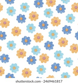 seamless pattern pastel blue yellow, orange and light blue flowers.