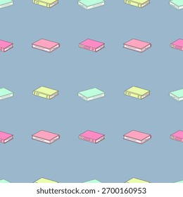 Patrón sin fisuras de libros pastel sobre fondo azul, perfecto para proyectos escolares, aprendizaje de niños, temas de lectura y marca educativa moderna.