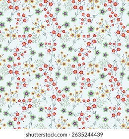 Seamless pattern of pastel brown, yellow flowers on a light background. Delicate floral pattern, field of small flowers, print for fabric, textile, wallpaper, baby clothes
