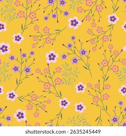 Seamless pattern of pastel brown, yellow flowers on a light background. Delicate floral pattern, field of small flowers, print for fabric, textile, wallpaper, baby clothes