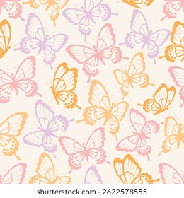 Seamless pattern with pastel butterflies. Cute spring and summer design for kids, fabric, wallpapers, wrapping paper, and stationery.