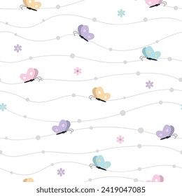 Seamless Pattern with Pastel Butterfly, Flower and Wavy Line design on white Background. Design for scrapbooking, cards, paper goods, background, wrapping, fabric and more. Vector illustration