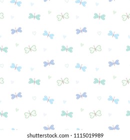 Seamless Pattern of Pastel Butterfly and Heart Design on White Background