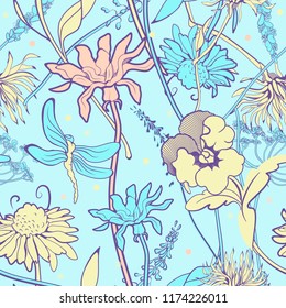 Seamless pattern. Pastel candy colors. Spring floral concept.