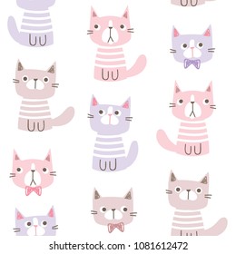 Seamless Pattern of Pastel Cartoon Cat Design on White Background