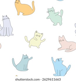 Seamless pattern with pastel cartoon cats, playful poses, minimal style, soft colors, white background