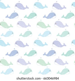Seamless Pattern of Pastel Cartoon Whales on White Background