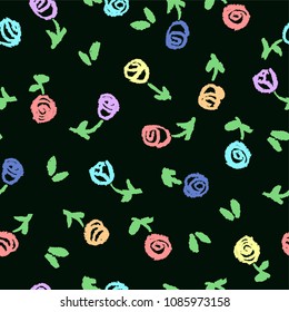 Seamless pattern with pastel chalk or crayon hand drawing funny doodle colorful small roses on black. Vector like kid`s style background. Cute art stroke summer flower texture.