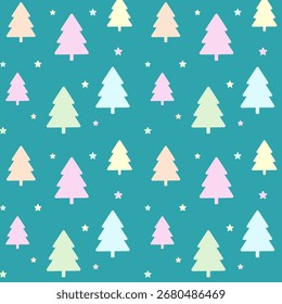 Seamless pattern with pastel Christmas tree and stars isolated on green background.Cute repeat pattern with pine tree.Vector graphic illustration wallpaper for winter.