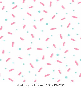 Seamless pattern with pastel color confetti sprinkles. Donut glaze background. Minimal line shape and dots. Geometric scrapbook design.
