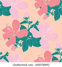 Seamless pattern pastel color Hibiscus flowers and green leaves on pink bacground.Vector illustration drawing.