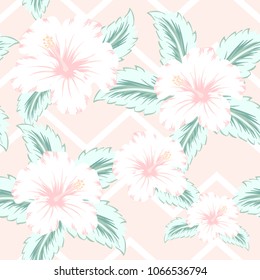 Seamless pattern pastel color Hibiscus tropical flowers on zig zag background.printing wallpaper.vector illustration