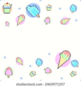 Seamless pattern with pastel color ice cream. Delicious refreshing ice cream as background.
Vector for holiday designs, party, birthday, invitation.
Ice cream cone pattern. border for text.