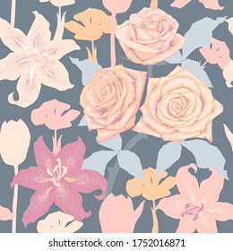 Seamless pattern pastel color Rose Tulips and Lilly flowers abstract background.Vecter illustration drawing flat design. repeat floral wallpaper fabric print.