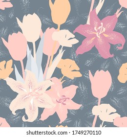 Seamless pattern pastel color Tulips and Lilly flowers abstract background.Vecter illustration drawing flat design. repeat floral wallpaper fabric print.