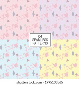 Seamless pattern pastel color Various Hand drawn Shapes and Doodle objects. Set of  four  Colorful Abstract contemporary modern trendy Vector Seamless patterns. Wallpapers. Perfect for textile prints.