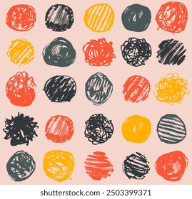Seamless pattern pastel colored with abstract hand drawn shapes in pink and orange, yellow, black. Abstract brush drawn circles, curved lines. Design vector elements bold stripes, abstract forms.