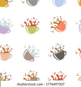 Seamless pattern with pastel colored cups and beverage splashes over white background. Can be used for wallpapers, prints, wrapping papers, fabric design, web page design