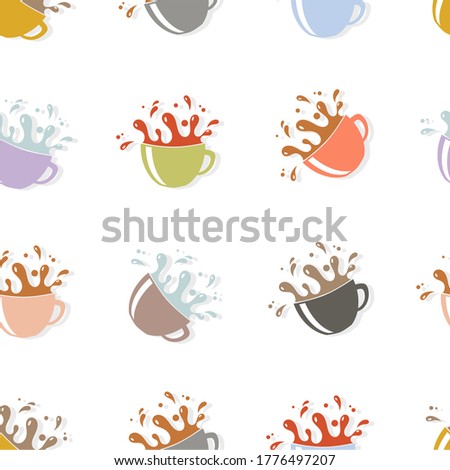 Seamless pattern with pastel colored cups and beverage splashes over white background. Can be used for wallpapers, prints, wrapping papers, fabric design, web page design