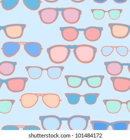 Seamless pattern - pastel colored vintage trendy sunglasses/eyeglasses on blue background - vector illustration.