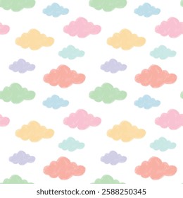 seamless pattern pastel colorful clouds. hand drawn illustration background. Design for baby and kid decoration, fabric, card, print, and wallpaper, and wall art.